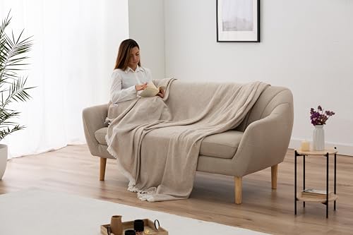Extra weiche Baumwolldecke mit Streifenmuster, Mehrzweck-Tagesdecke für Sofa, Bett, dekorativer Bezug und Fular (Sandbeige, 120 x 180 cm), Beige Sand