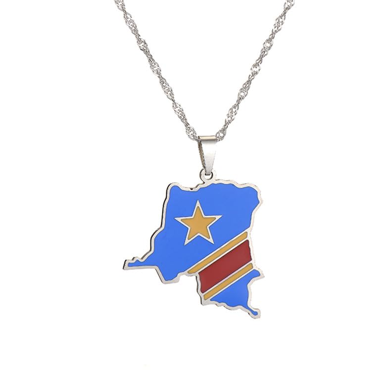 LUTAKU Collier avec pendentif carte du Congo et drapeau pour femmes et hommes, pendentif carte Congo, accessoires en acier inoxydable, Acier inoxydable, Pas de pierre précieuse