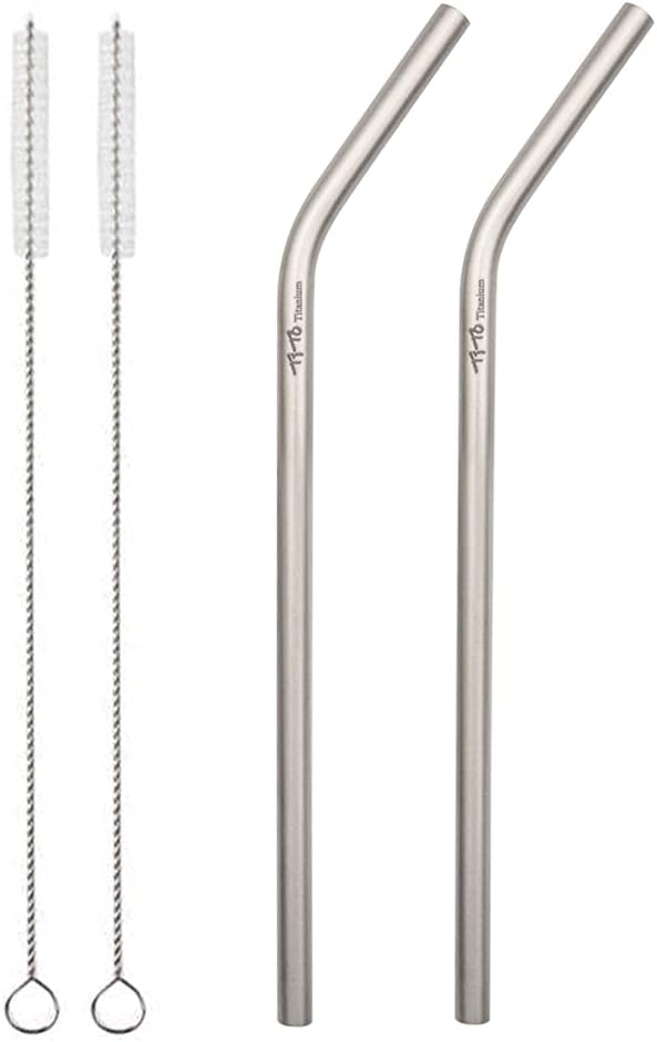 straw supper strong and ultralight Drinking straw with cleaning brush Dia 7mm X 0.4mm with bent and straight two shape Titanium alloy straw (pack of 2) (2 bent)