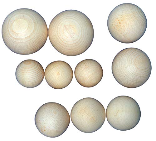 JOWE® Lot de Boules en bois de hêtre sans perçage, 10 pièces, Tailles différentes - Diamètre de 50 mm à 80 mm - Boule en bois percée made in Austria