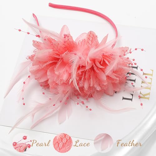 Image of DRESHOW Womens Fascinators Hats Tea Party Hats for Women Pearl Lace Feather Hat Vintage Derby Hats for Wedding Cocktail