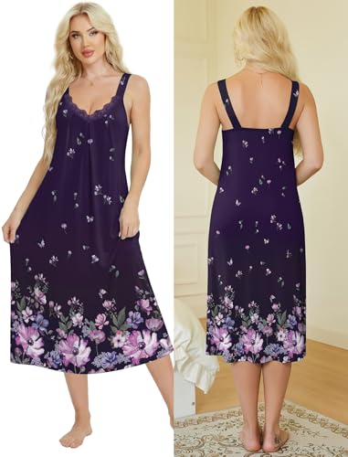 Ekouaer Sleeveless Nightgowns for Women Lace V-neck Long Nightdress Wide Strap Sleepwear Soft Lounge Dresses, Purple Floral, M — view 6