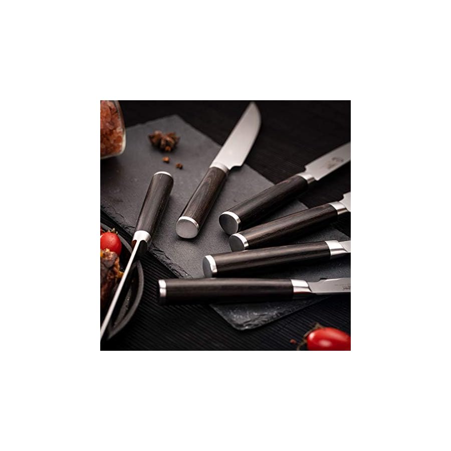 YARENH-Steak-Knives-Set-6-Piece-Non-Serrated-German-High-Carbon-Stainless-Steel-Blades-Full-Tang-Pakkawood-black-handle-Kitchen-Table-Knife YARENH 6-Piece Steak Knife Set with 5-inch Sharp Blades,Non-Serrated,Made of German High-Carbon Stainless Steel,and Black Pakkawood Handles,Fruit Paring Knife Set