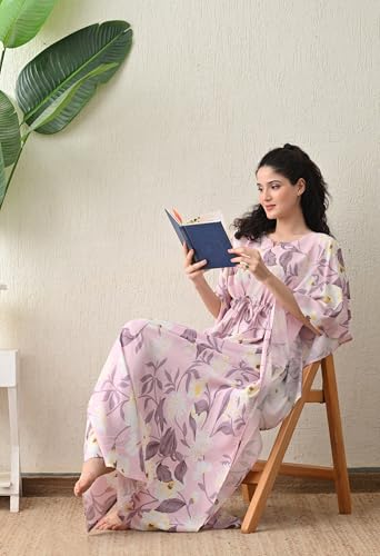 Image of Ichaa Women's Pink Rayon Printed Round-Neck Kaftan-Style Free Size Nighty with Drawstring
