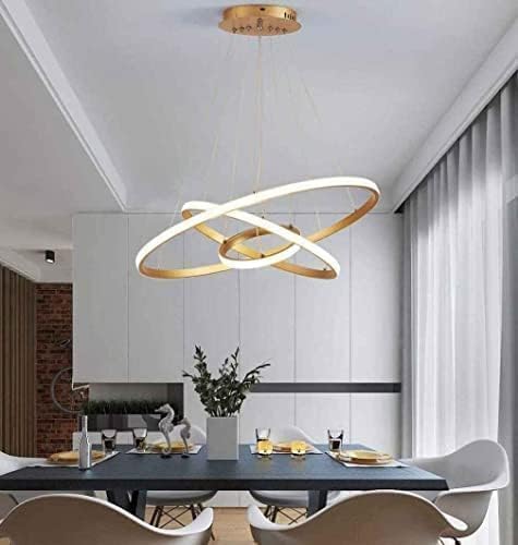 Image of OJIT Modern 3 Ring Led Chandelier, Pendant Light Height Adjustable Hanging Ceiling Lamp for Living Room, Kitchen, Indoor, Dining Table & Home Decor (Black) (Golden Ring 5316)