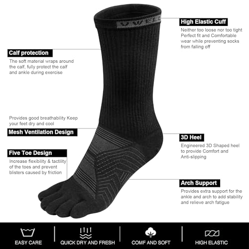 VWELL Toe Socks for Men Women Running COOLMAX Mid-Calf Finger Socks Athletic Breathable Five Toe Design Quick Dry, 3Pairs3