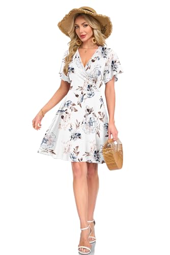 AUSELILY Damen Kleid Sommer Strandkleid Rüschenärmeln V-Ausschnitt Elastischer Taille und Taschen Swing Urlaubskleid Blume Weiß 3XL 2
