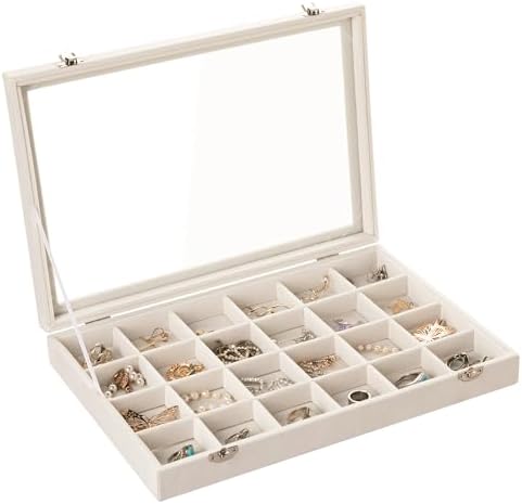 Frebeauty Velvet Jewelry Tray 24 Grid Jewelry Organizer with Clear Lid Earring Organizer Holder Case with Clasp Drawer Insert Rings Pendant Brooches Gift for Women Girls(Beige 24 Grid)