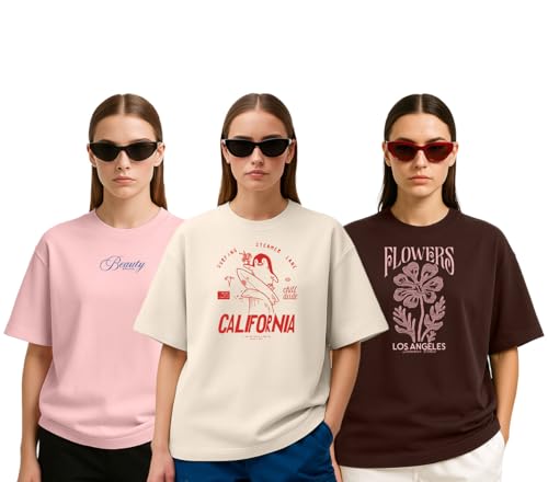 Image of Cotton Blend Oversized Baggy Fit Drop Shoulder Graphic Printed Half Sleeve T-Shirt Combo for Women (Pack of 3) (Sizes: S to 2XL)