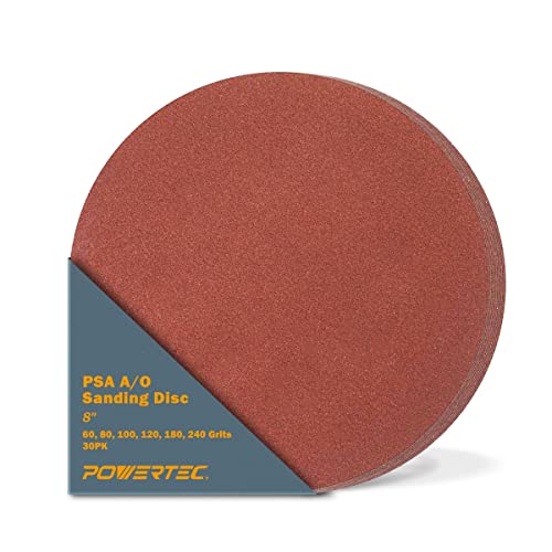 Image of POWERTEC 30 PCS 8 Inch PSA Sanding Disc - 5 Each of 60 80 100 120 180 240 Grits - Assorted Self Adhesive Sandpaper for Drywall, Woodworking, Epoxy with Random Orbital Sanders, DA Sanders (110541V)