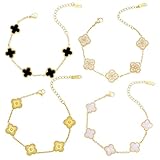 Haustod 18k Gold-Plated Four-Leaf Clover Clover Women's Lucky Bracelet White/Black/Red/Green Flower/Gold Four-Leaf Link Bracelet Fashionable Jewelry Gifts For Women (4PCS)