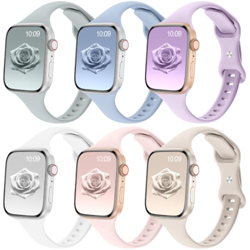 Image of 6 Pack Thin Slim Soft Silicone Bands Compatible with Apple Watch Women Men | 38mm 40mm 41mm 42mm 44mm 45mm 46mm 49mm, Waterproof Lightweight Strap for iWatch Series 11 /10 /9 /8 /7 /6 /5 /4 /3 /2 /1 SE Ultra