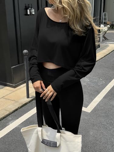 Fisoew Womens Off The Shoulder Cropped Tops Batwing Long Sleeve