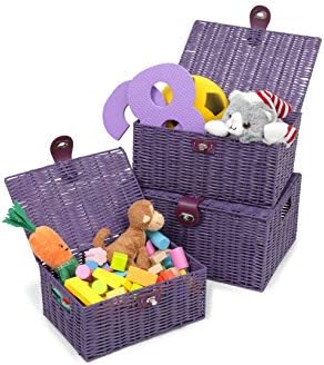 Arpan Set of 3 Resin Woven Storage Basket Box with Lid & Lock (Purple)