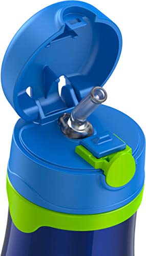 Image of Thermos Baby 10 oz. Stainless Steel Bottle with pop-up straw, Navy with Lime