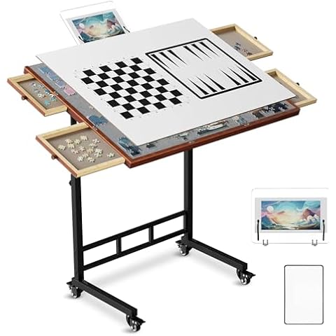 Puzzle Table with Drawers, 1500 Piece Jigsaw Puzzle Board with Wood Cover and Shelf, Tiltable and 14 Level Height Adjustable, Foldable Puzzle Table with Wheels for Adults Puzzle Enthusiasts Cover