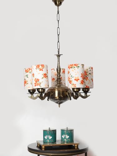 Image of Devansh 05 Lights Printed Round Cotton Shade with Antique Golden Chandelier -D