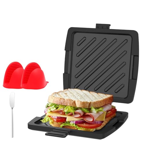 Sandwichera con revestimiento antiadherente, pequeña apta para microondas, Panini Maker con cuchillo de mantequilla, pinza de mano para sándwiches, mini pizzas, salchichas, tortillas (mono negro)