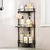 Consumest Corner Shower Caddy Stand - 3 Tier Shower Organizer with Soap Holder, Tall Floor Corner Shelf Standing with Adjustable Feet & 4 Hooks, Storage Rack for Bathroom Black