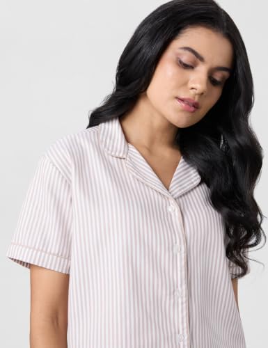 Image of Symbol Premium Women's Cotton Night Suit Set | Short Sleeve Shirt & Pajama Set | Stripes with Contrast Piping | Regular Fit (Available in Plus Sizes)