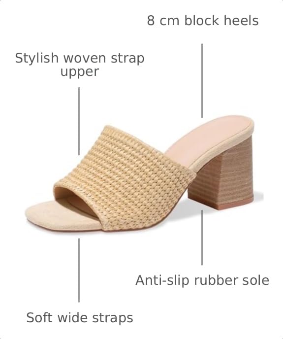 Image of Ancomafio Heeled Sandals for Women,Raffia Sandals 2026 Chunky Heels Square Toe Mules Block Summer Shoes Slip On