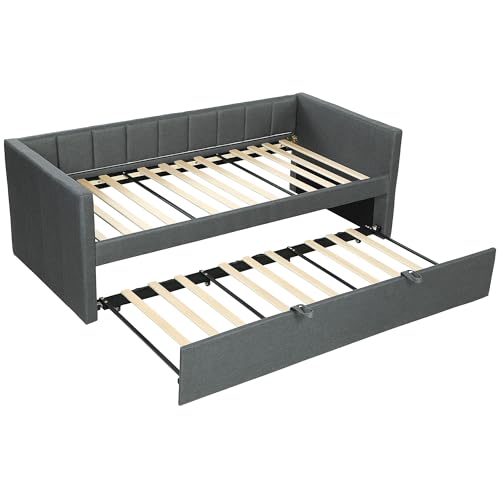 HOMCOM Struttura Letto Singolo 90x190 cm, Divano con Secondo Letto Estraibile, Testiera Imbottita, Braccioli, Rete a Doghe in Pioppo, per Camera Soggiorno Ospiti, Senza Materasso, Grigio Scuro