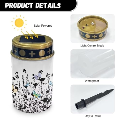 Image of Butterfly Floral Cemetery Solar Lights Water Resistant LED Flameless Candle Grave Lights Solar Powered Grave Decor Memorial Gift Outdoor Garden Decor Light for Prayer 2 Pcs