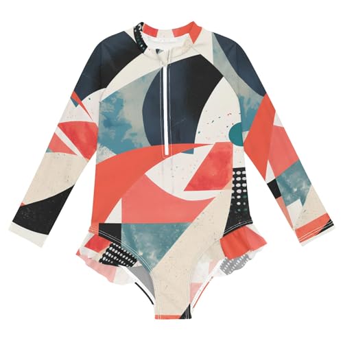 ALAZA Swimsuit for Girls Long Sleeve Rashguard Bathing Suit Geometric Abstract 3 Quick Dry 4T