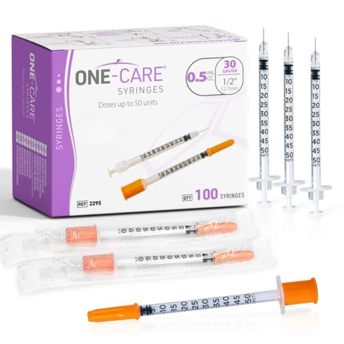 ONE-CARE Syringe 0.5 ml/cc, 30G x 1/2’’ (12.7mm), Individually Wrapped, Orange Cap, 100 Dispensers Lab per Box