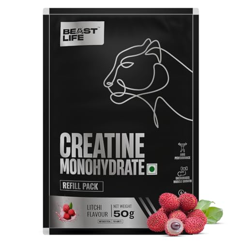 Image of BEASTLIFE Super Micronized Creatine Monohydrate Powder 50g Refill Pack | 13 Servings Litchi Flavor | NABL Lab Tested | Premium Sports Nutrition for Strength & Performance