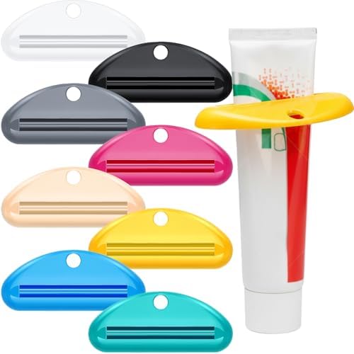 Chengu 8 Pieces Toothpaste Squeezer Hanging Tube Squeezer Dispenser Tool Toothpaste Rollers Clips for Hand Cream, Paint Tubes, Cosmetics, Bathroom, 8 Random Picture Colors
