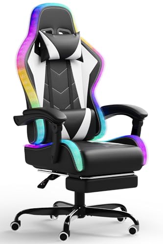 JUMMICO Gaming Stuhl mit led, Cool Racing Gamer Stuhl, Ergonomischer Bürostuhl mit Massagefunktion, Verstellbare Rückenlehne 90-135°, mit Teleskop Fußstütze, Gamingstuhl 150 kg belastbarkeit, Weiß JUMMICO Gaming Stuhl mit led, Cool Racing Gamer Stuhl, Ergonomischer Bürostuhl mit Massagefunktion, Verstellbare Rückenlehne 90-135°, mit Teleskop Fußstütze, Gamingstuhl 150 kg belastbarkeit, Weiß