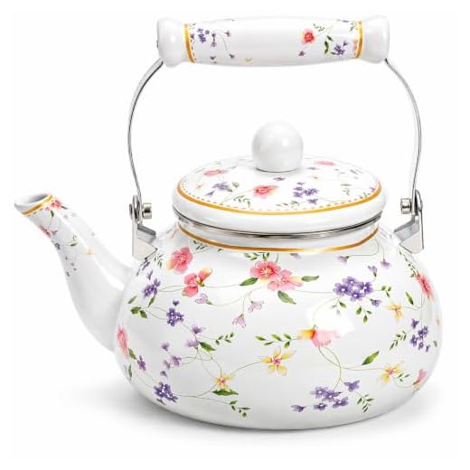 Jucoan Vintage Enamel Tea Kettle, 2.6 Quart Floral Enamel on Steel Water Kettle Teapot with Porcelain Handle for Stovetop, No Whistle