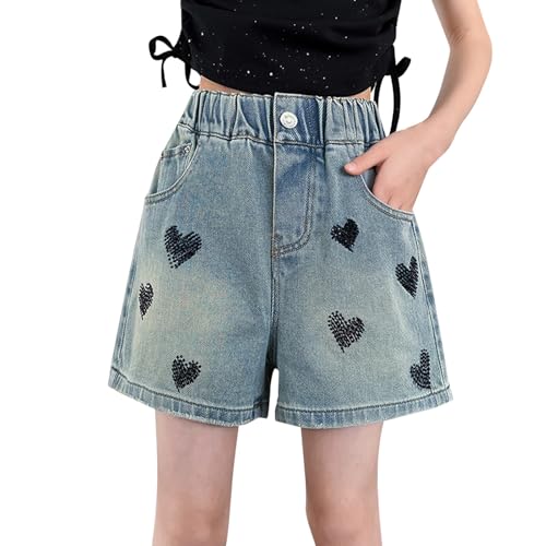 Girls Casual Embroidered Heart Denim Shorts Teen Functional Button Closure Pockets High-Waisted Loose Vintage Shorts