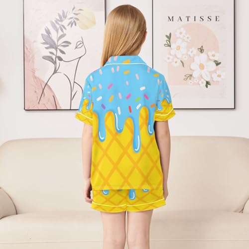 ALAZA Yellow Blue Ice Cream Satin Pajamas Set Short Sleeve Button Down Sleepwear Summer Pjs 2 Piece4