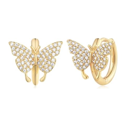 MYEARS Women Butterfly Earrings Gold Huggie Hoop Sleeper Single Tail Cubic Zirconia 14K Gold Plated Small Simple Hypoallergenic Everyday Jewelry Cover