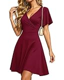 PLMOKEN Vestidos de Verano para Mujer Vestido Sexy con Cuello en V y Manga con Volantes Vestidos de Playa con Bolsillos Rojo Vino M