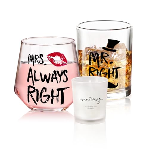Yalucky Wedding Gifts Engagement Gift Funny Couple Gift Mr.Right and Mrs.Always Right Whiskey Wine Glasses Anniversary Wedding Present for Bride and Groom Valentines Gifts for Women