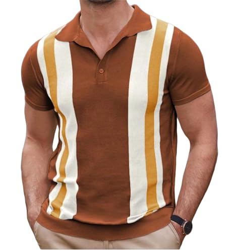 Camisa de punto a rayas con 3 botones y manga corta para hombre en verano