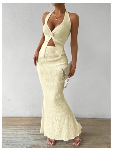 SHENHE Women's Sexy 2 Piece Outfits Twist Front Split Halter Crop Top and Bodycon Maxi Skirt Set4