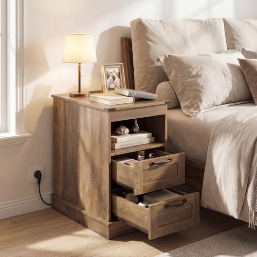 COSTWAY Table de Chevet avec Prise, Table de Nuit Connectée avec 2 Tiroirs MDF, 2 Prises, 2 Ports de Charge, Compartiment, Style Bois, Rangement Fermé Ouvert...