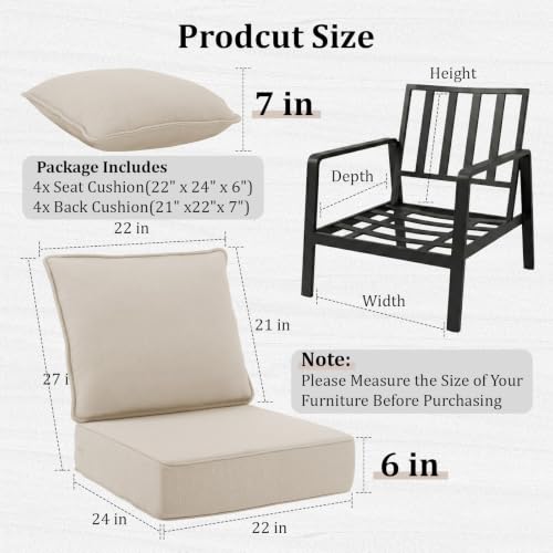 Image of 6 inch Thick Outdoor Chair Cushions, 22 x24 Inch Patio Furniture Cushions Set of 4 with Water Resistant & Removable Cover, UV Resistant, 30D High Density Sponge Patio Cushion