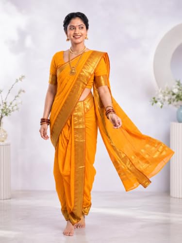 Image of Mom and Me Women Ready to Wear Nauvari Saree, Maharashtrian Peshwai Paithani, 9 Yard Readymade, Acrylic Cotton, Free Size, Traditional Ethnic Saree, with Blouse Piece
