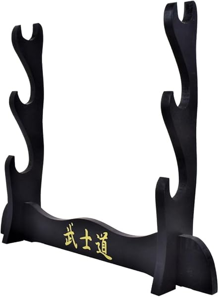 Generico Supporto Espositore da Tavolo in Legno per Katana, 3 Posti, Stile Samurai, Nero con Caratteri Dorati - 2