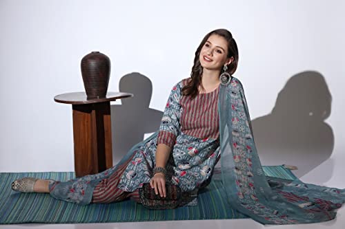 Image of DHRUVI TRENDZ Women's Cotton Blend Fancy Kurta Set | Regular Fit Kurti Sets for Woman | Floral Printed Kurta Sets for Woman Daily Outfits | Cotton Ethnic Traditional Straight Kurti Set for Office