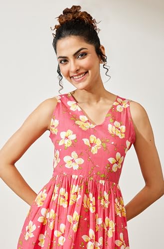 Image of Janasya Women's Pink Pure Cotton Floral Printed A-line Dress