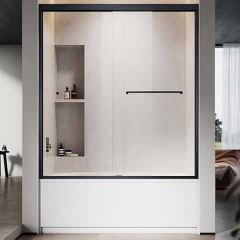 UNIKOO 56"- 60" W×66" H Semi-Frameless Stainless Steel Bypass Double Sliding Shower Door in Matte Black with 5/16" (8mm) Certified Tempered Clear Glass. The Duchess Series UKD06-6066-MBL Cover