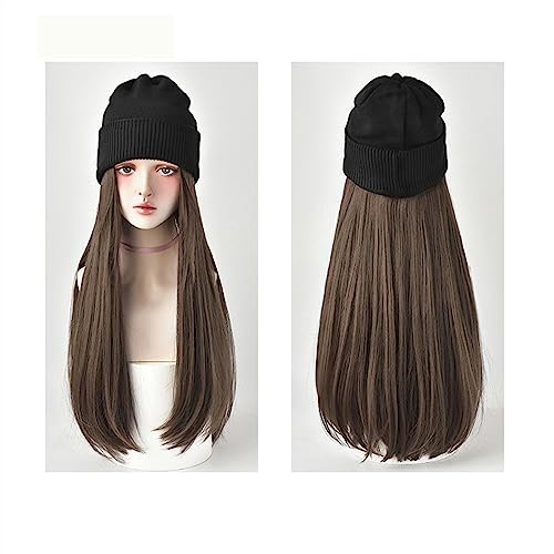 JUNXIAN Wig Cap Long Straight Hat Wig Synthetic Hair Wigs Black Brown Pink 24 Inch Natural Adjustable Hat Wig For Girl Party Wig Hat(3)