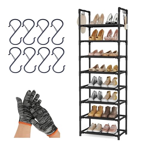 Zapatero de Gran Capacidad de 4/5/8/10 Niveles, Organizador de Zapatos Alto, estantes de Tela no Tejida con 8 Ganchos y 1 par de Guantes, Color Negro (18,1 x 11 x 55,5 Pulgadas [8