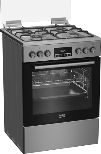 Beko Standherd mit Gaskochfeld 60cm Edelstahl elektro Backofen Grill Umluft Heißluft 3D Kochen Display freistehend eingestellt auf 20mBar NG/G Umrüstdüsen auf 30/50mBar LPG/G liegen bei